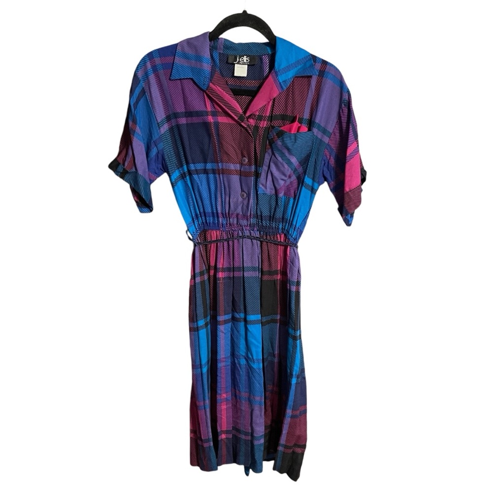 Vintage J. Ellis Petites Plaid Short Sleeved Dress With Pocket Square & Belt 7/8